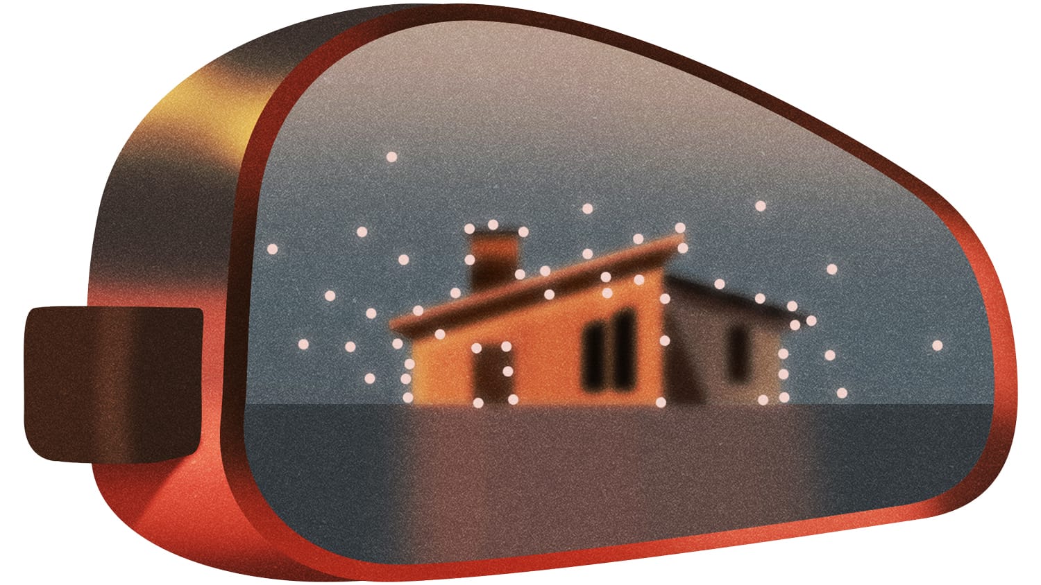 Illustration of a rear view mirror of a car showing a house