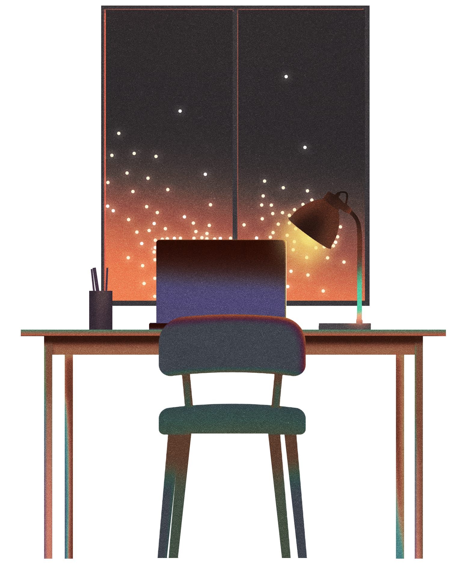 Illustration of a desk with a laptop and a lamp on top of it. Vehicle to grid