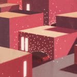 Illustration of houses with electric cars in front of them. Vehicle to grid