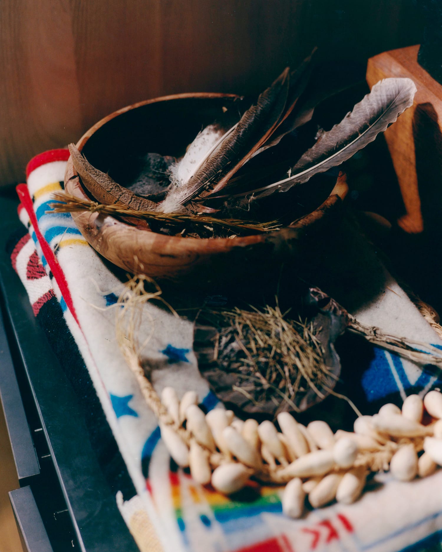 Indigenous artifacts sitting on a desk at Owamni, Sherman's Minneapolis restaurant.